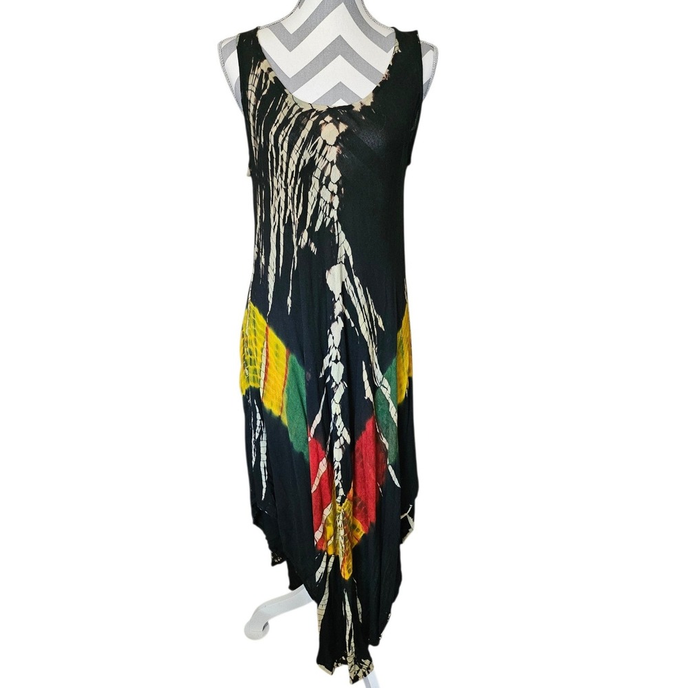 Last Exit Womens 2X Tie Dye Batik Handkerchief Hem Midi Dress Rasta Colors Rayon